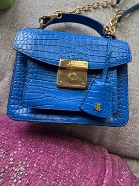 Ralph Lauren Cobalt Blue Croc-Embossed Leather Satchel with Gold Hardware